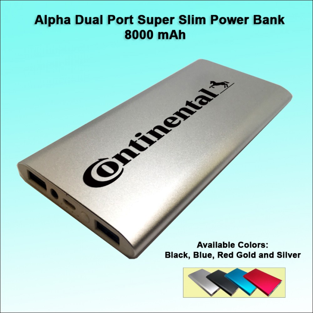Alpha Dual Port Super Slim Power Bank 8000 mAh - Silver with Logo