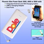  Phoenix Power Bank 3000 mAh Dual Ports. Integrated Cables. White.