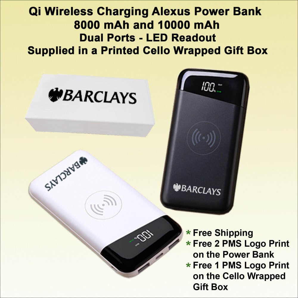 Qi Wireless Charging Alexus Power Bank - 8000 mAh - Dual Ports, Supplied on a Cello Wrapped Printed with Logo