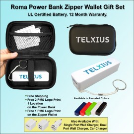 2600 mAh Roma Power Bank Zipper Wallet Gift Set with Logo