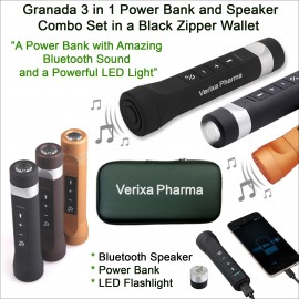 Logo Branded Granada 3 in 1 Gift Set Power Bank and Bluetooth Speaker Combo 2000 mAh in a Black Zipper Wallet