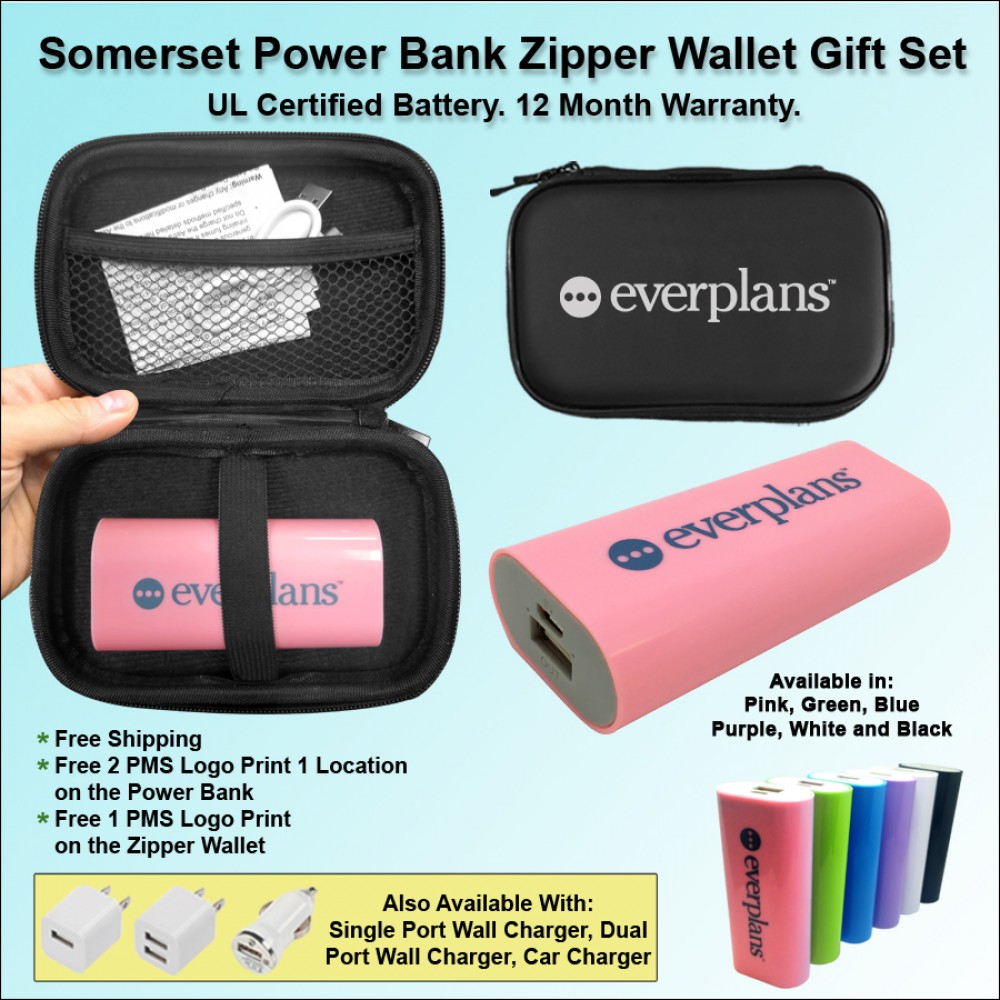 Somerset Power Bank Zipper Wallet Gift Set 5600 mAh - Pink with Logo