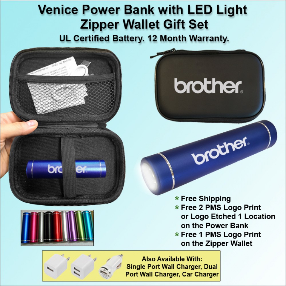 Venice with LED Power Bank Gift Set in Zipper Wallet 3000 mAh with Logo