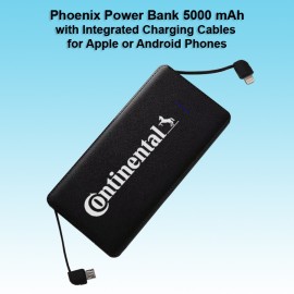 Super Slim Phoenix Power Bank 5000 mAh, Integrated Cables, Black Zipper Wallet. with Logo