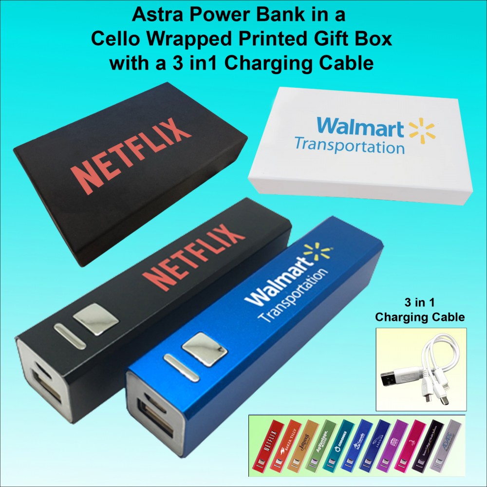Astra 2200mAh Power Bank w/Button w/3-in-1 Charging Cable with Logo