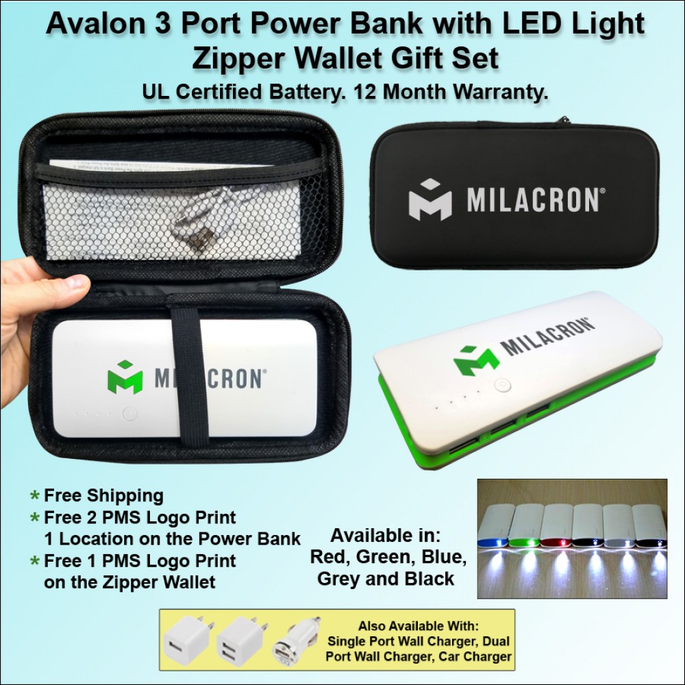 Avalon 3 Port Power Bank with LED Light 6000 mAh - Green with Logo
