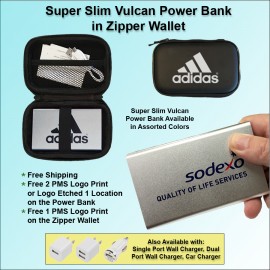 Super Slim Vulcan Power Bank Zipper Wallet Gift Set 4000 mAh - Silver with Logo