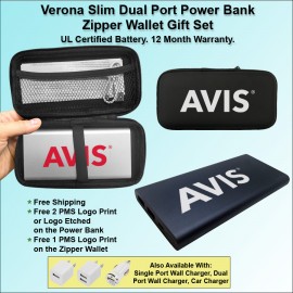 Verona Slim Dual Port Power Bank Zipper Wallet Gift Set 10000 mAh with Logo  Verona Slim Dual Port Power Bank Zipper Wallet Gift Set 10000 mAh with Logo