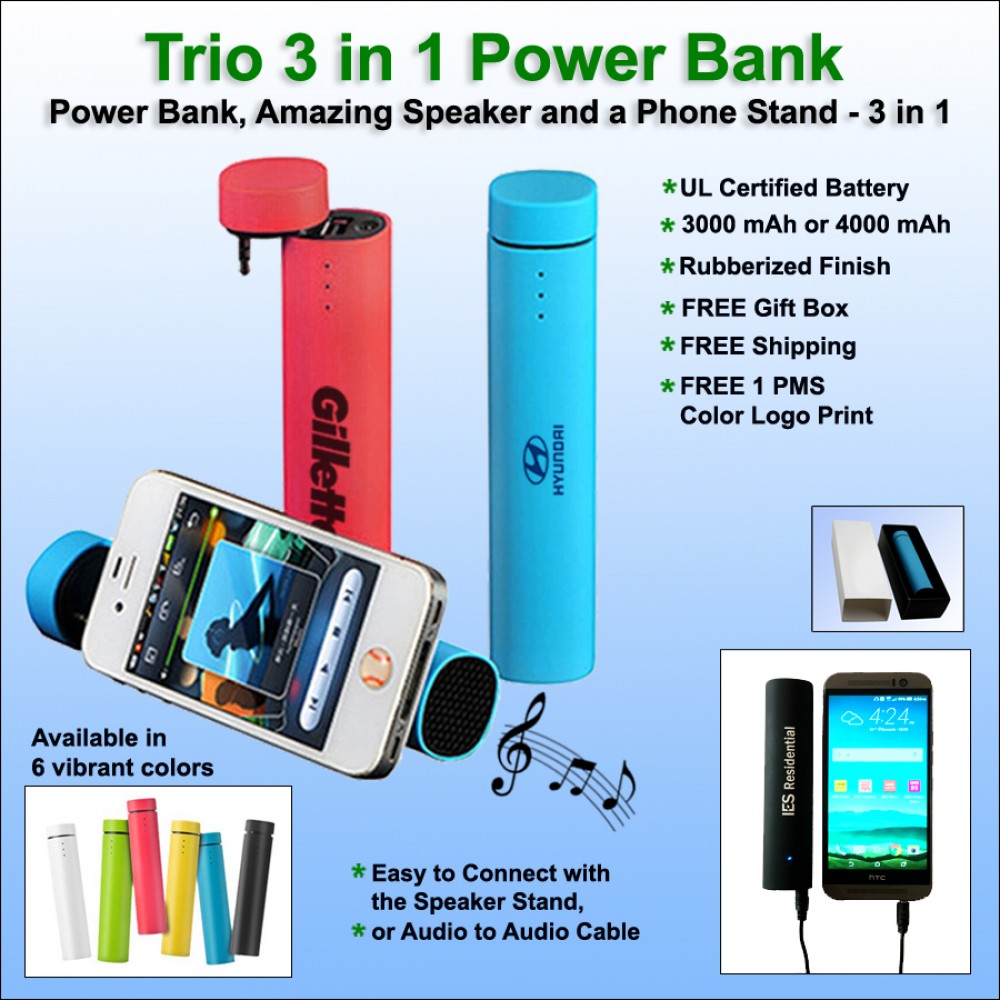 Trio 3 in 1 Power Bank with Speaker - 3000 mAh Trio 3 in 1 Power Bank with Speaker - 3000 mAh