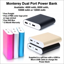 4000 mAh Monterey Dual Port Power Bank with Logo