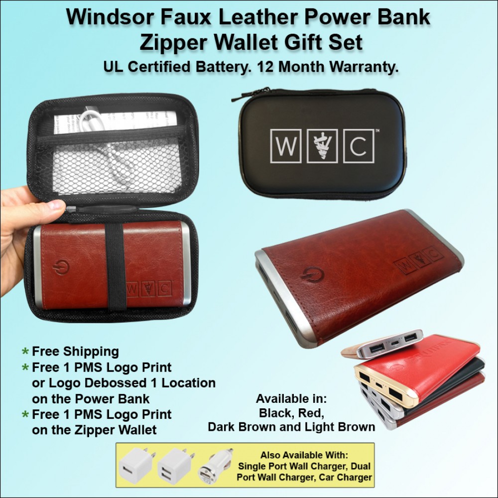Windsor Faux Leather Power Bank Zipper Wallet Gift Set 6000 mAh - Dark Brown with Logo