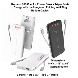 Robson 10000 mAh Power Bank - Triple Ports, Integrated Wall Plug, Built in Cables with Logo