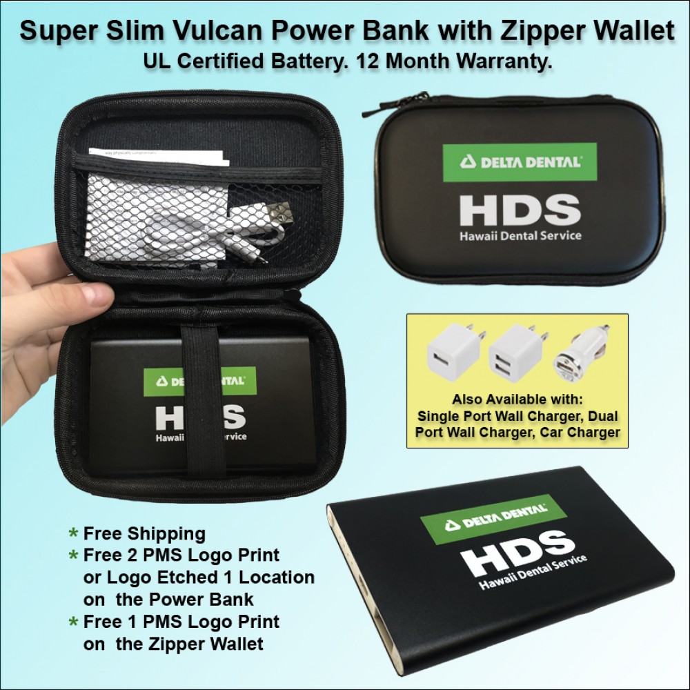 Logo Branded 4000mAh Super Slim Vulcan Power Bank w/Zipper Wallet Gift Set