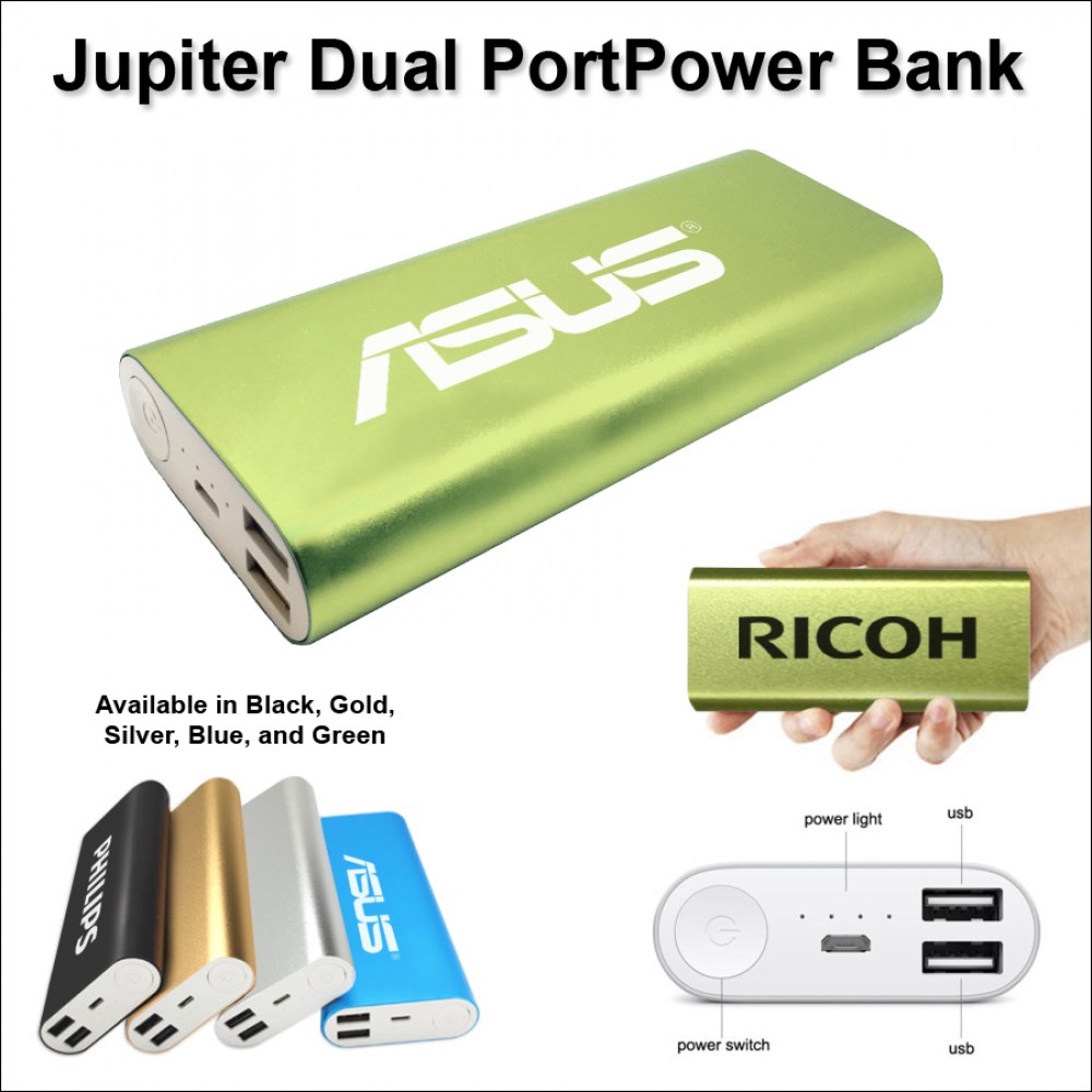 Jupiter Dual Port Power Bank 12000 mAh - Green with Logo