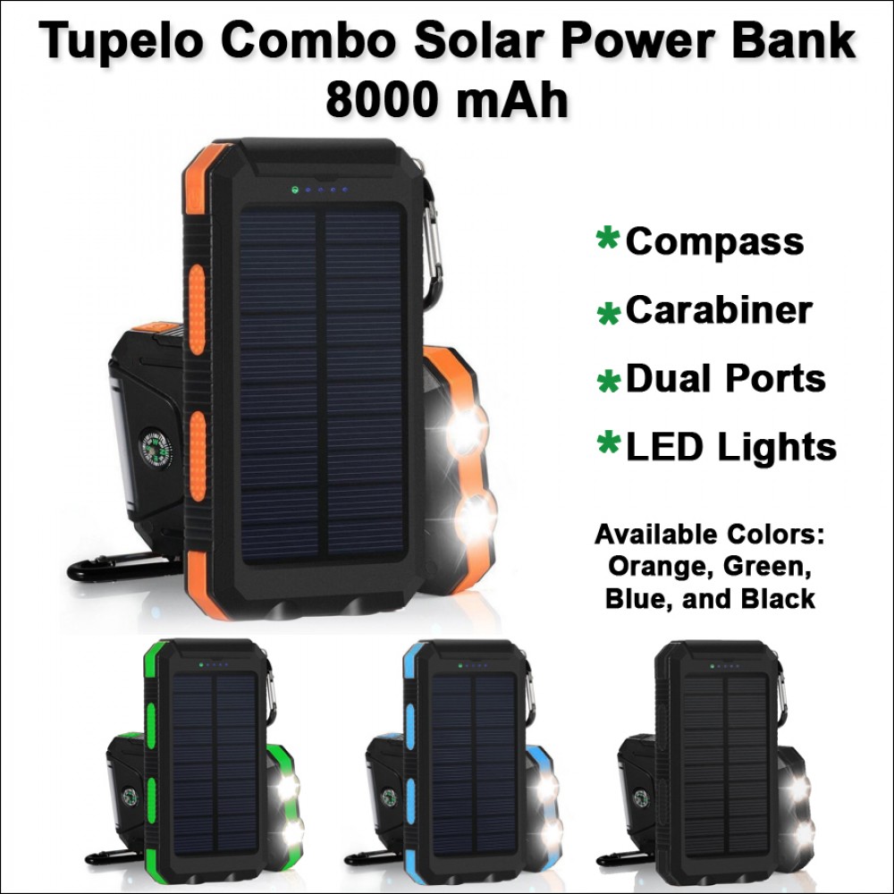 Tupelo Combo Solar Power Bank 8000 mAh - Orange with Logo Tupelo Combo Solar Power Bank 8000 mAh - Orange with Logo