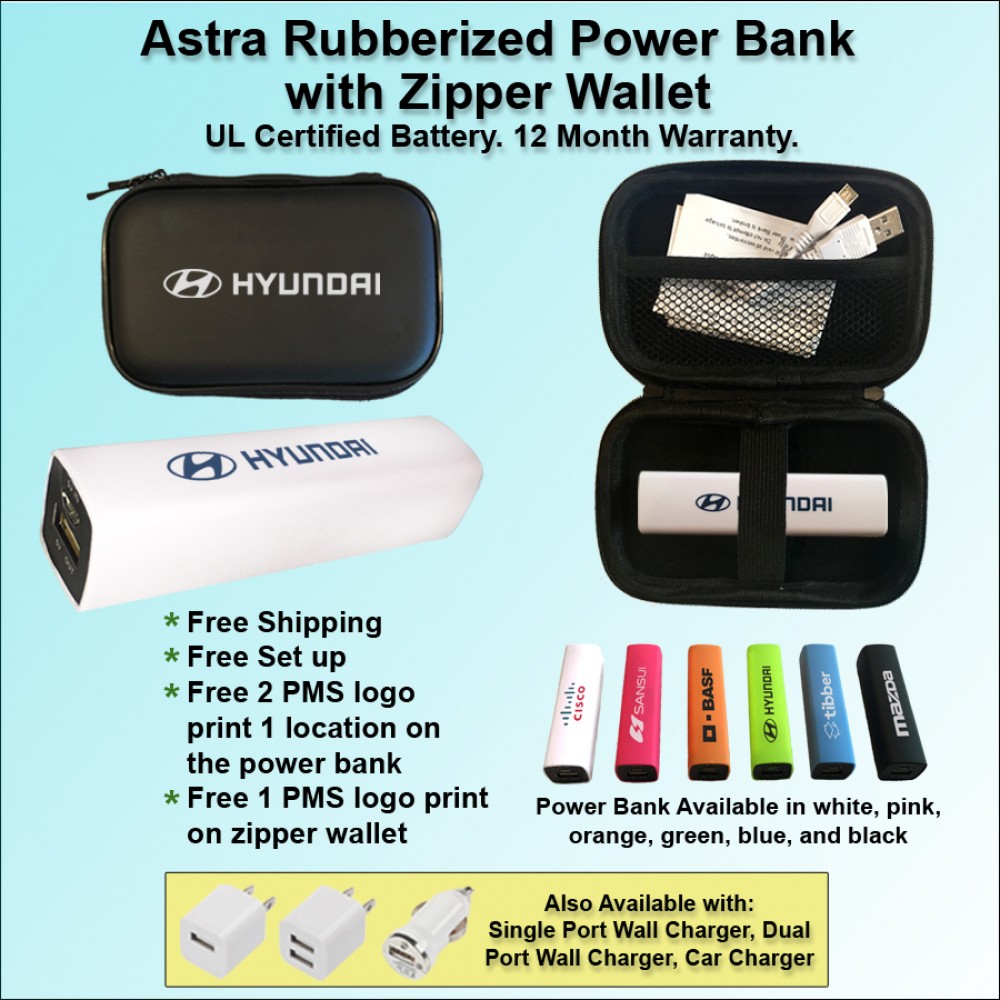 Astra Rubberized Power Bank Gift Set Zipper Wallet 2600 mAh with Logo
