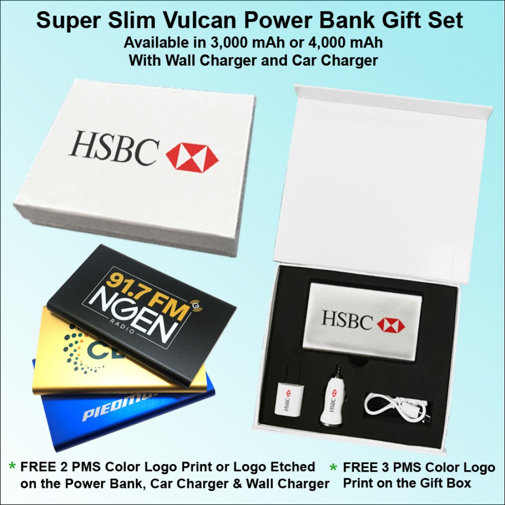 Super Slim Vulcan Power Bank Gift Set White - 3000 mAh with Logo