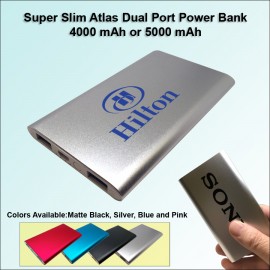 Super Slim Atlas Power Bank Dual Ports - 5000 mAh - Silver with Logo