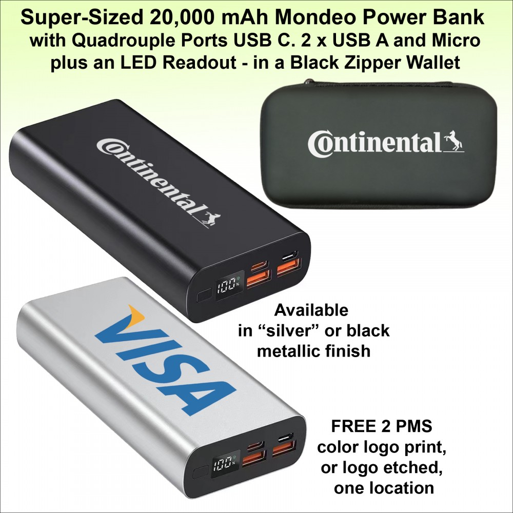 Super-Sized 20,000 mAh Mondeo Power Bank with Quadrouple Ports in a Black Zipper Wallet with Logo