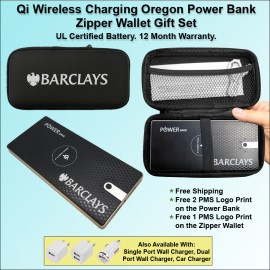 Qi Wireless Charging Oregon Power Bank Zipper Wallet Gift Set 10000 mAh with Logo