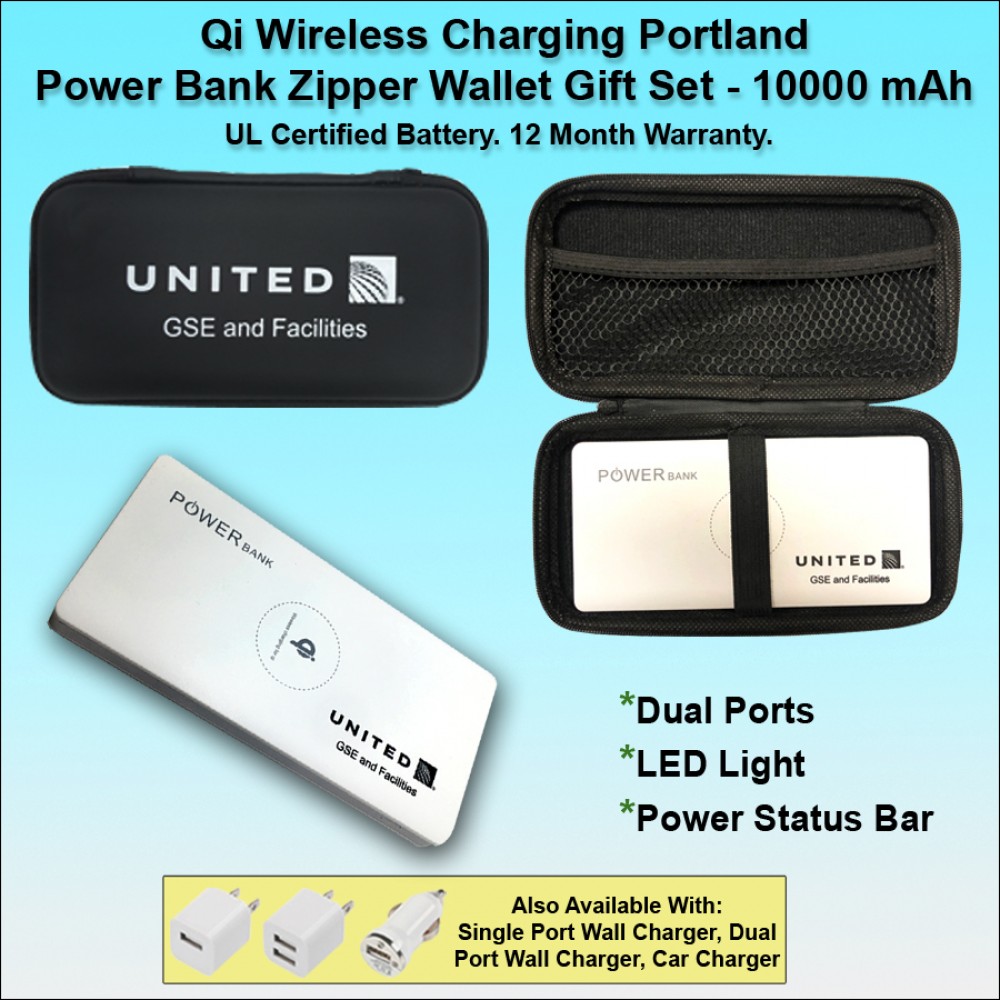 Custom Qi Wireless Charging Portland Power Bank Zipper Wallet Gift Set 10000 mAh - White