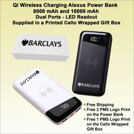Qi Wireless Charging Alexus Powerbank 10000mAh 2 Ports Cello Wrapped Printed Box with Logo
