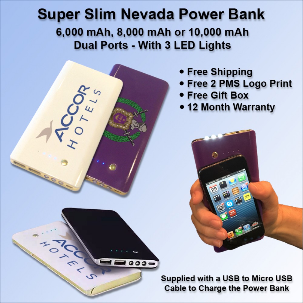 Super Slim Nevada Rubberized Finish Power Bank - 8000 mAh with Logo
