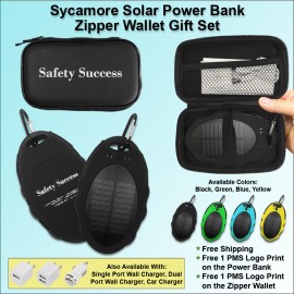 Sycamore Solar Power Bank Zipper Wallet Gift Set 5000 mAh - Black with Logo