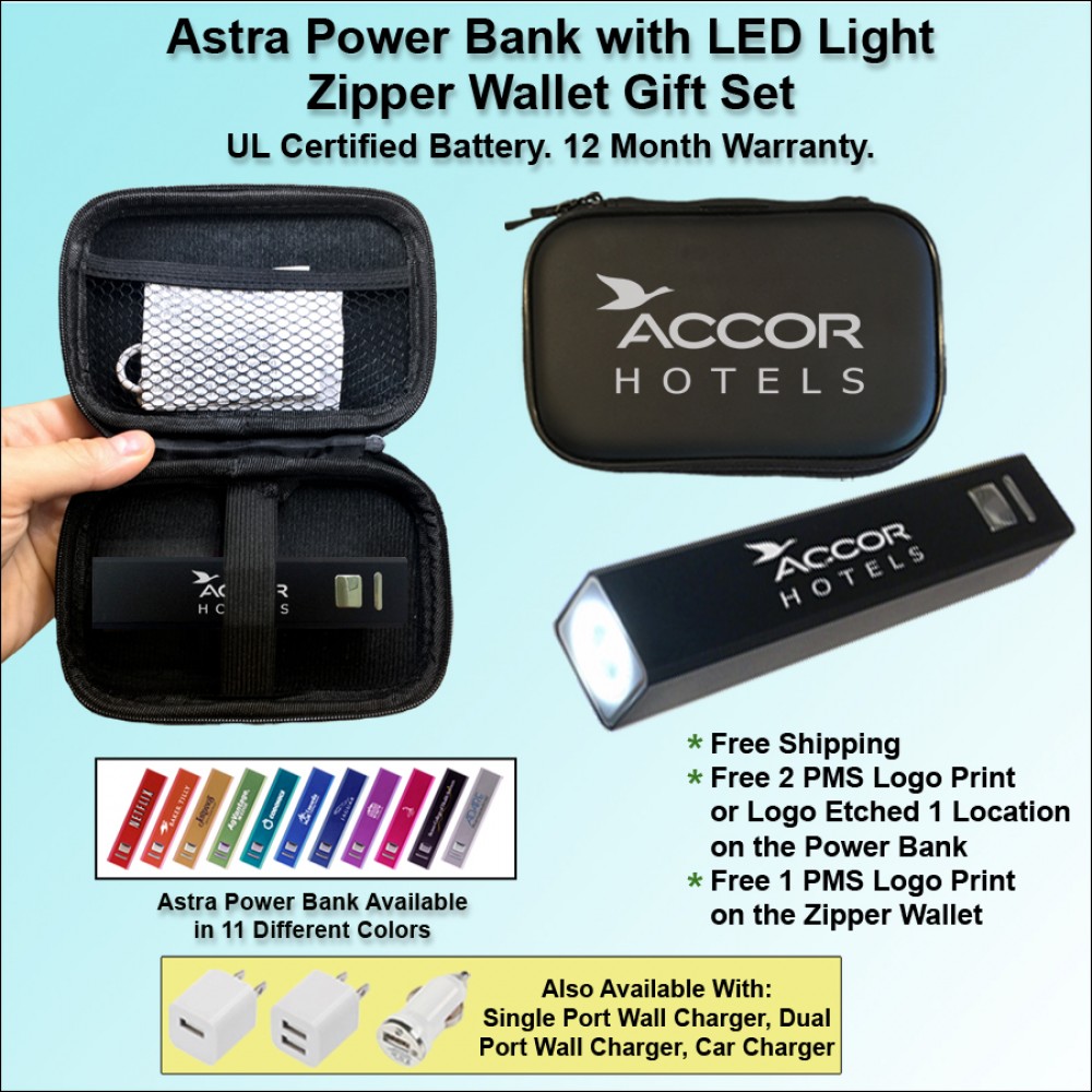 Astra Power Bank with LED Light Gift Set Zipper Wallet 2000 mAh with Logo