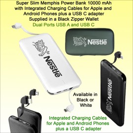 Promotional Super Slim Memphis Power Bank10000 mAh with integrated Cables in a Black Wallet.