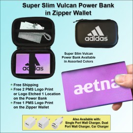 Logo Branded Super Slim Vulcan Power Bank Zipper Wallet Gift Set 4000 mAh - Purple