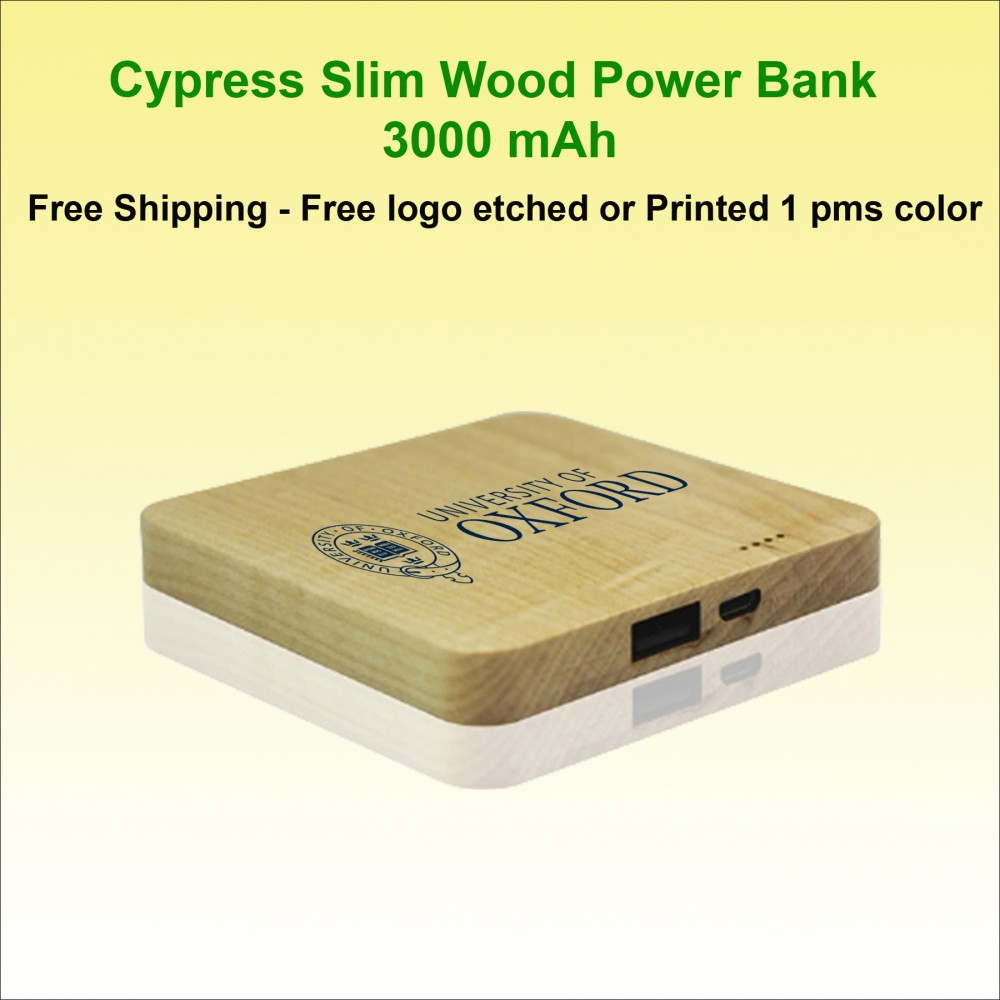 Personalized Cypress Bamboo Wood Slim Power Bank, 3000 mAh
