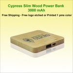 Cypress Bamboo Wood Slim Power Bank, 3000 mAh with Logo