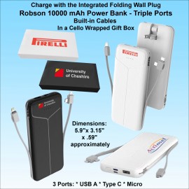 Robson 10000 mAh Power Bank, Integrated Wall Plug&Charging Cables, Printed Gift Box with Logo