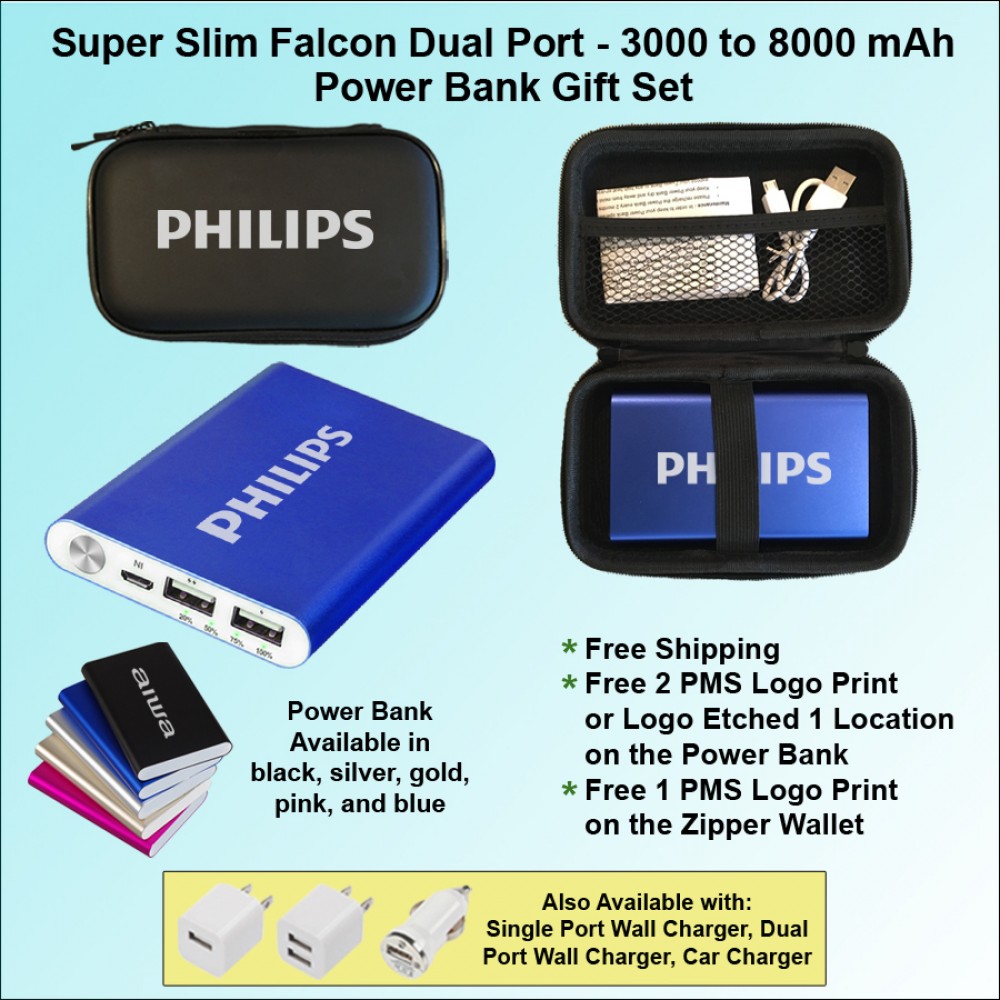Falcon Power Bank Zipper Wallet Gift Set 8000 mAh - Blue with Logo