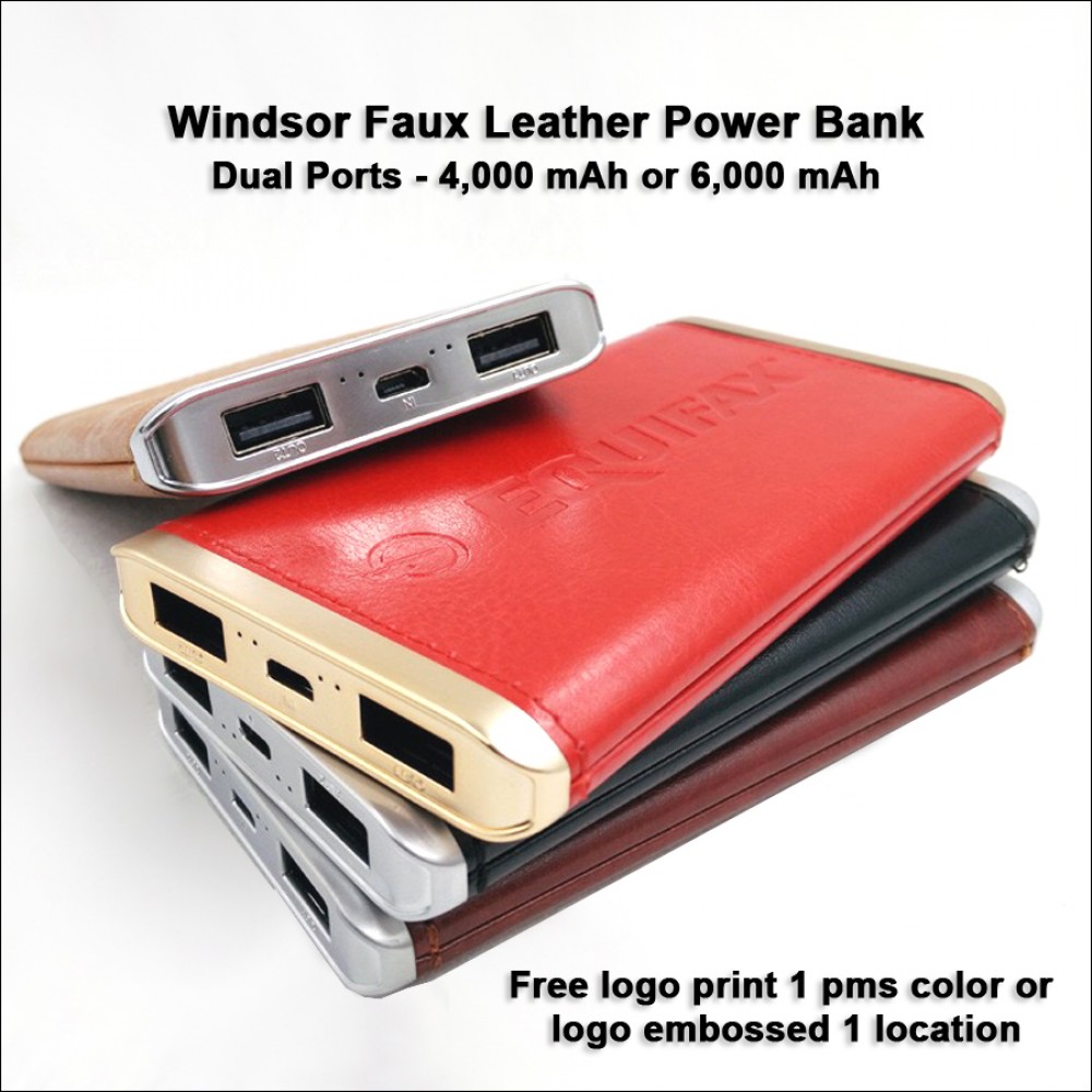6000 mAh Windsor Faux Leather Power Bank with Logo