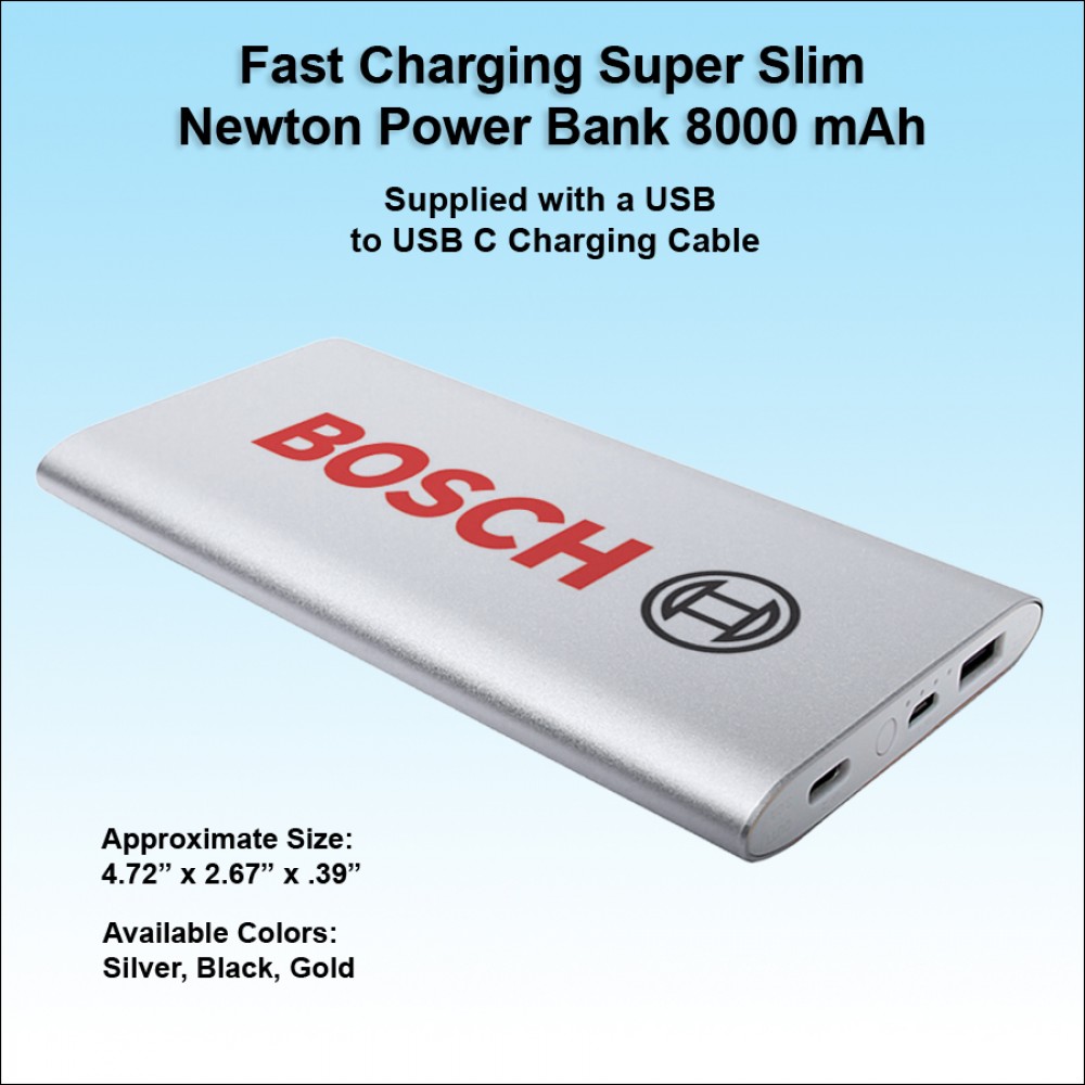 Fast Charging Super Slim Newton Power Bank USB C 8000 mAh - Silver with Logo