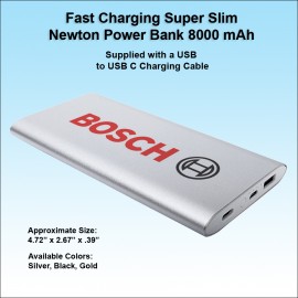 Fast Charging Super Slim Newton Power Bank USB C 8000 mAh - Silver with Logo