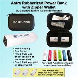 Promotional Astra Rubberized Power Bank Gift Set Zipper Wallet 1800 mAh