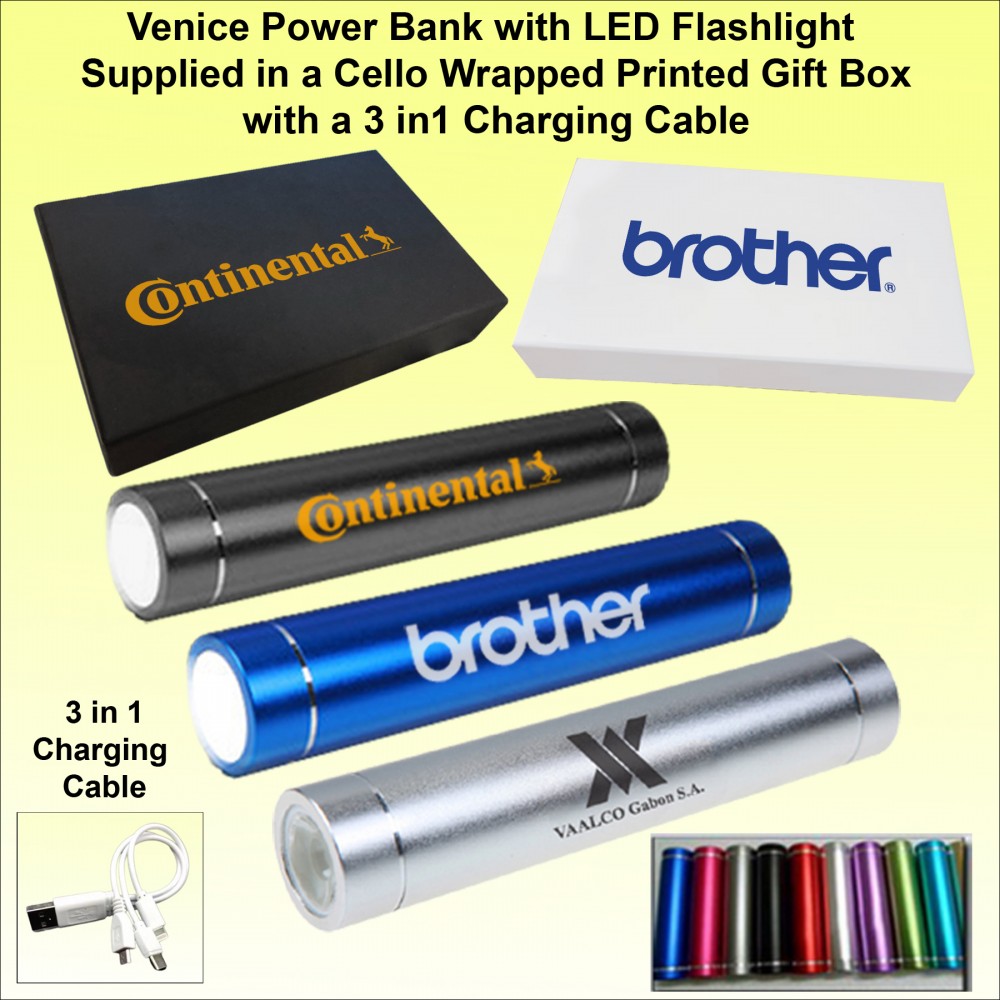 Custom Venice 1800mAh Power Bank w/LED Flashlight w/3-in-1 Charging Cable