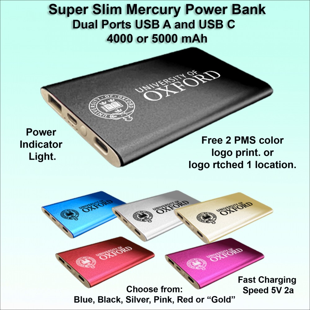 Super Slim Mercury Power Bank Dual Ports USB C and USB A 5000 mAh with Logo