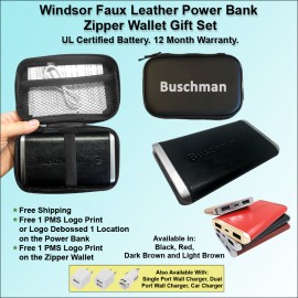 Windsor Faux Leather Power Bank Zipper Wallet Gift Set 6000 mAh - Black with Logo  Windsor Faux Leather Power Bank Zipper Wallet Gift Set 6000 mAh - Black with Logo