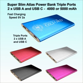 Super Slim Atlas Power Bank Triple Ports 2 x USB A and USB C - 4000 mAh. with Logo