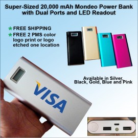 Personalized Super Sized 20,000 mAh Mondeo Power Bank 4 Ports USB C and USB A, LED readout.