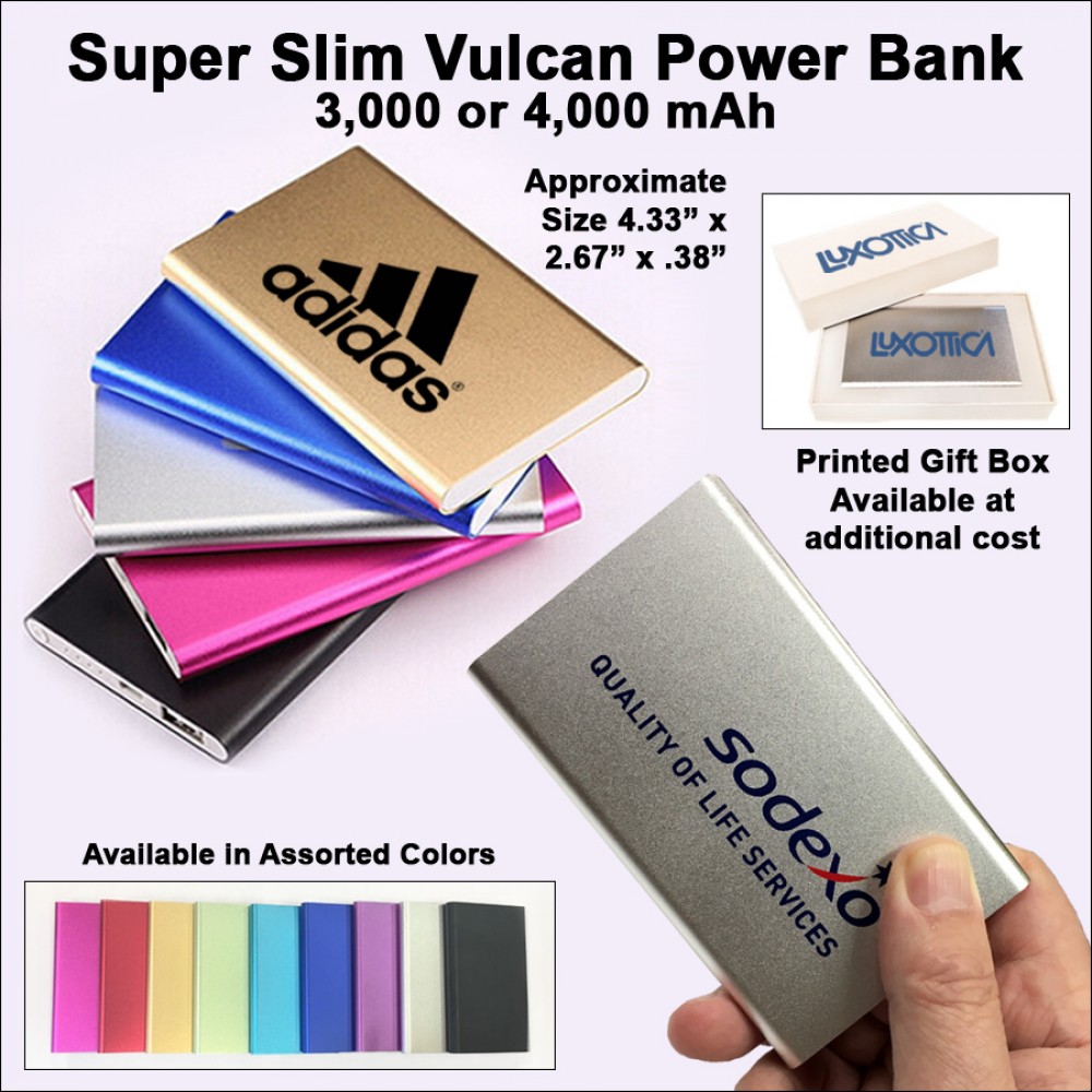 Super Slim Vulcan Power Bank 4000 mAh - Silver with Logo