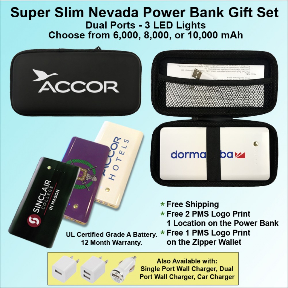 Super Slim Nevada Rubberized Finish Power Bank in Zipper Wallet - 10,000 mAh with Logo