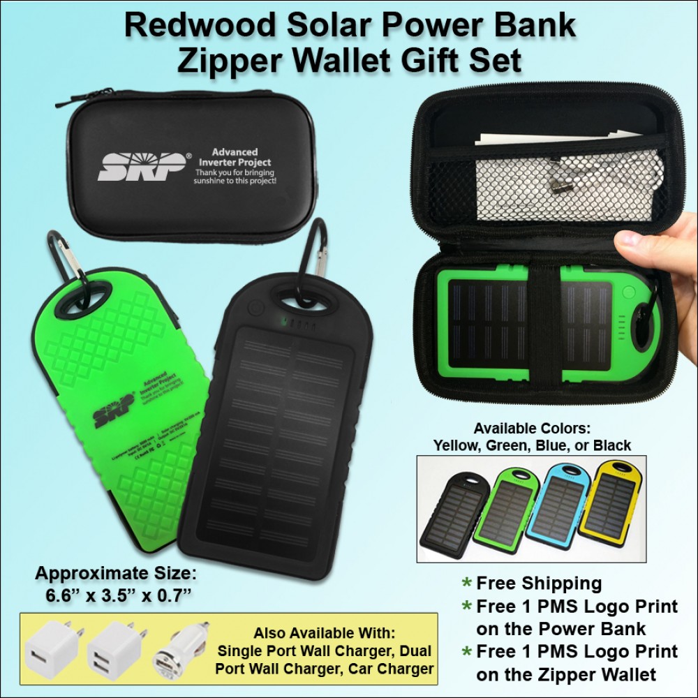 Custom Redwood Solar Power Bank Zipper Wallet Gift Set 5000 mAh