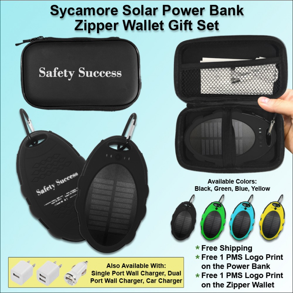 Sycamore Solar Power Bank Zipper Wallet Gift Set 3000 mAh - Black with Logo