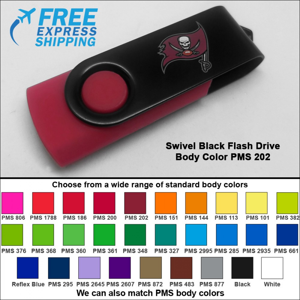 Swivel Black Flash Drive - 32 GB Memory - Body PMS 202 with Logo