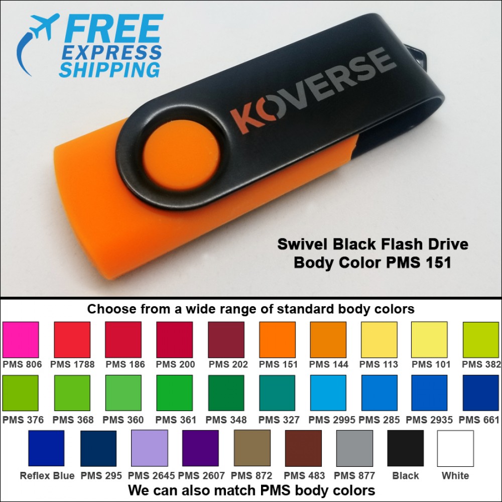 Swivel Black Flash Drive - 32 GB Memory - Body PMS 151 with Logo